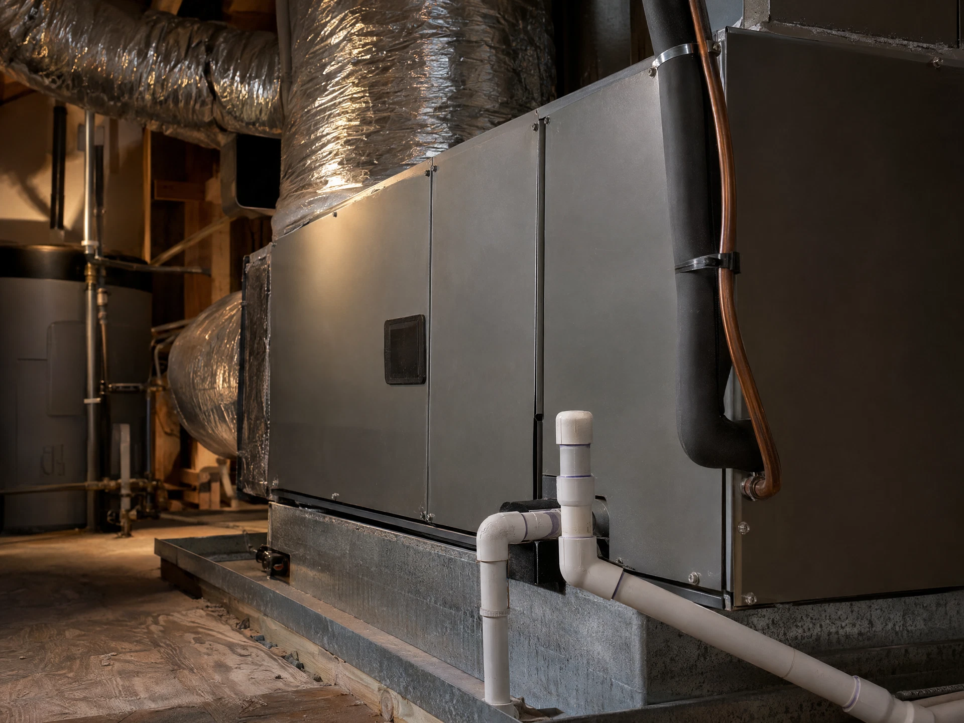 Illustrative close-up of a residential air handler, ductwork and condensate drain